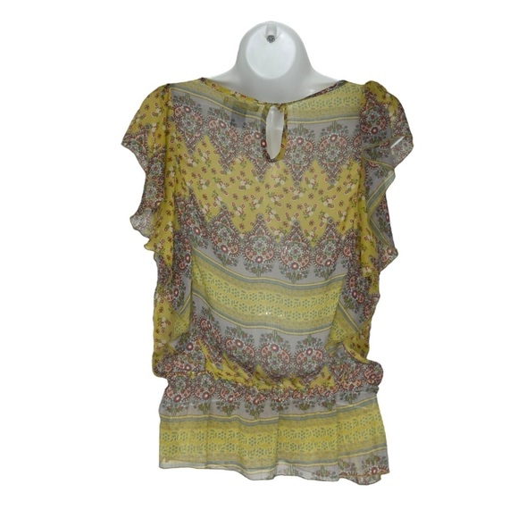 Isabella Rodriguez Yellow Floral Lace Ruffled Short Sleeve Blouse Top Small - Picture 3 of 11